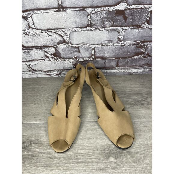 ARCHE Tan Brown Nubuck Leather Peep Toe Slingback Wedge Women’s Sz 42EU/11M US - Picture 3 of 16